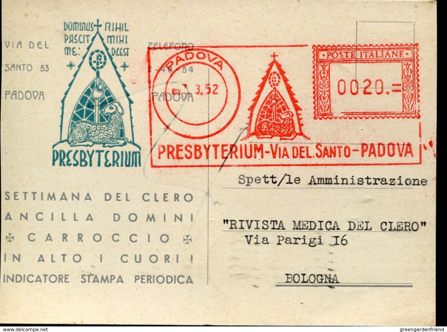 43818 Italia, Red Meter Freistempel Ema,1952 Padova Presbyterium  St.anthony Road Padova, Circuled Card - Macchine Per Obliterare (EMA)