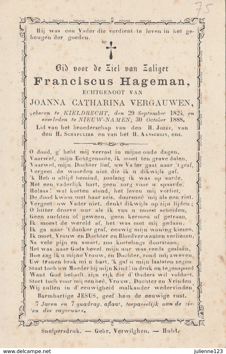 GEBOREN TE KIELDRECHT 1824+1888 FRANCISCUS HAGEMAN. - Religion &  Esoterik