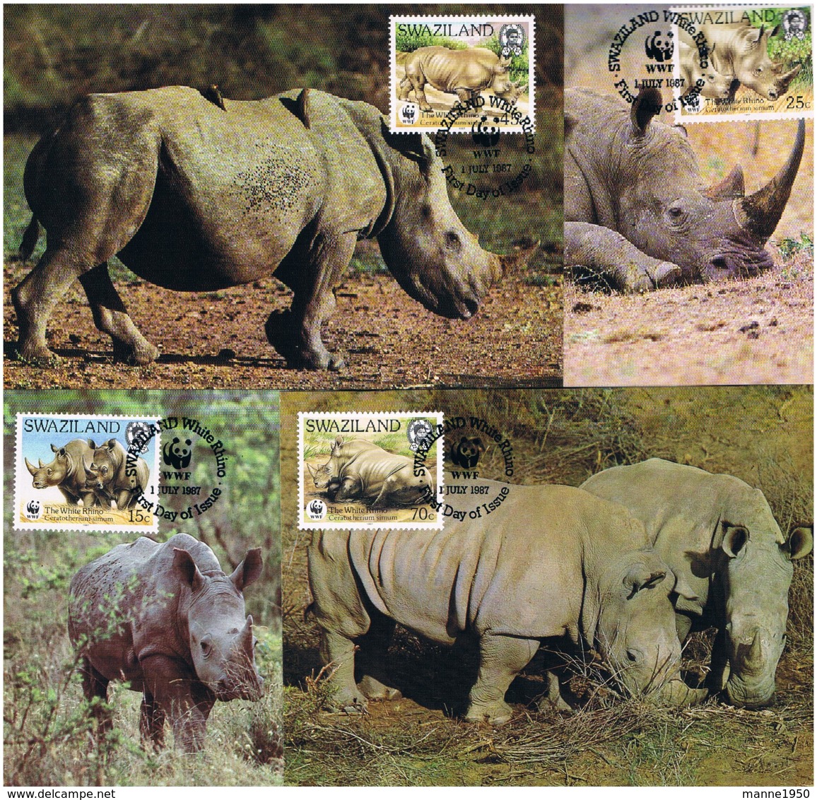 Swaziland 1987 Tiere/Nashorn Mi.Nr. 528/31 Kpl. Satz Gestempelt Auf Maximum Karten - Swaziland (1968-...)