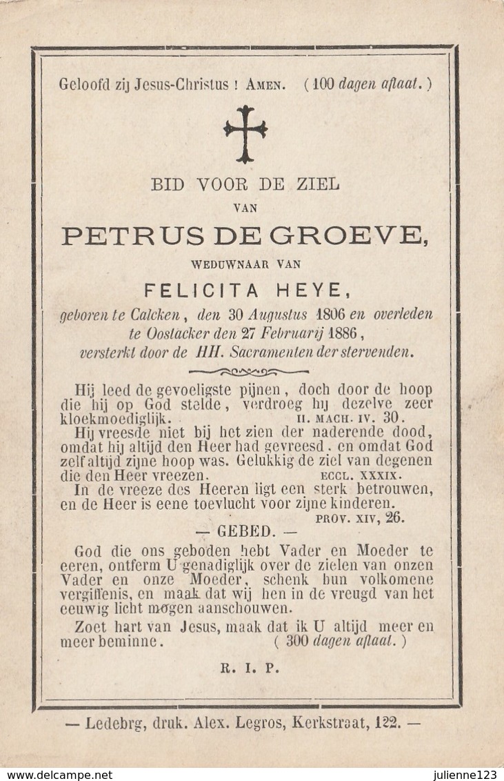 GEBOREN TE CALCKEN 1806+1886 PETRUS DE GROEVE. - Religion & Esotérisme