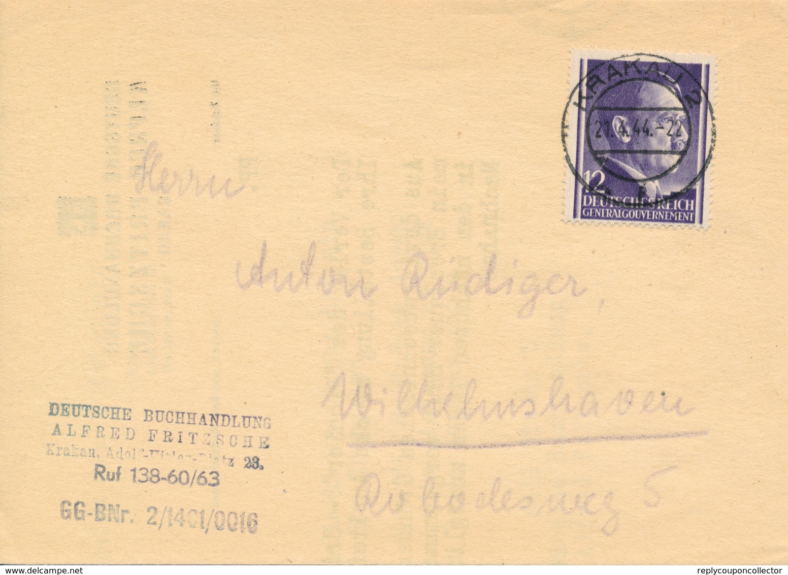 KRAKAU - 1944 ,  Buchhandlung - Nachricht über Briefmarkenkatalog Nach Wilhelmshaven - Besetzungen 1938-45