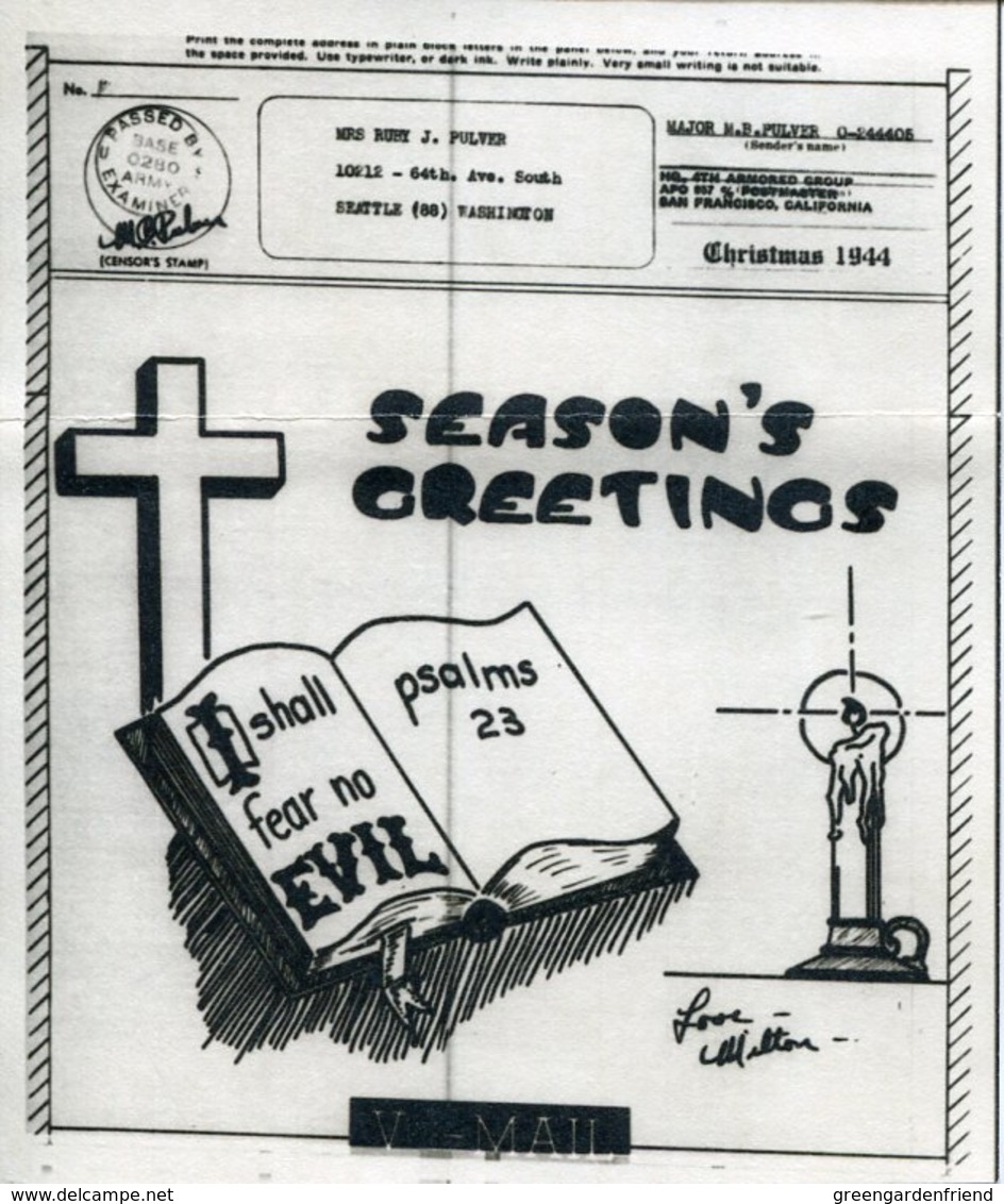 43820 U.s.a.  V-mail 1944 Christmas, Season's Greetings, I Shall Fear No Evil, Psalm 23, Bible Bibel Salm 23 - Cristianesimo