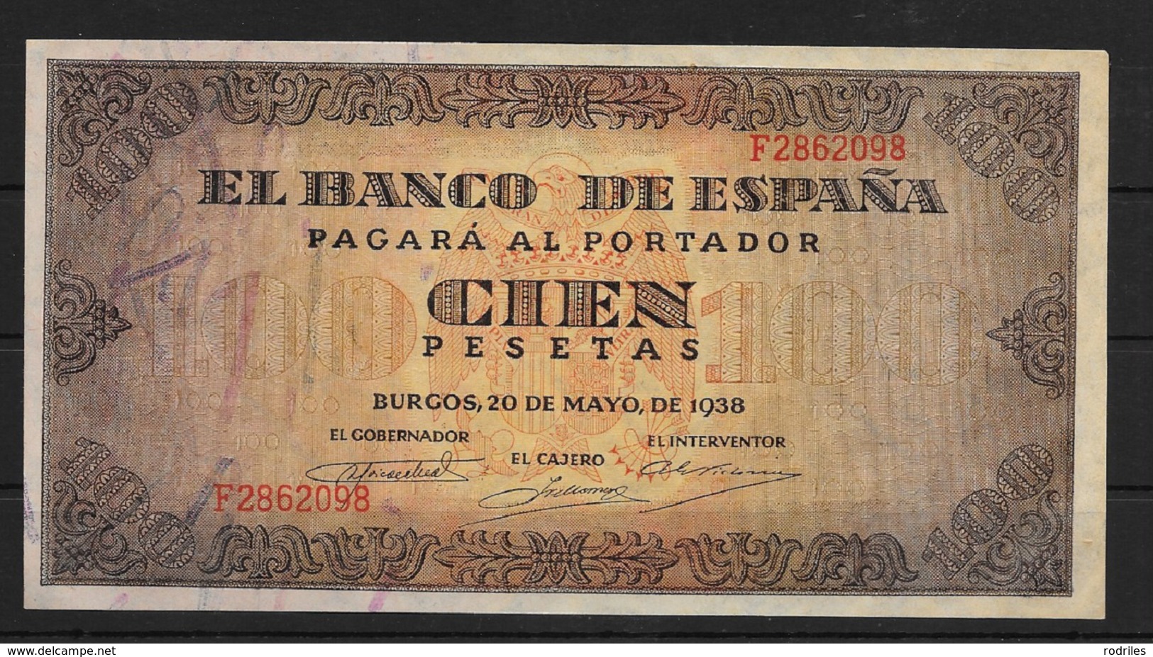 EDIFIL 432a 100 PTAS. DEL 20 DE MAYO DE 1938. SERIE F.  CONSERVACIÓN S/C- - 100 Pesetas