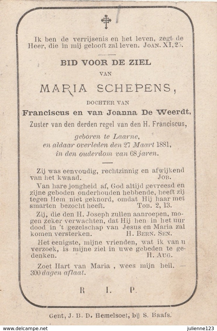 GEBOREN TE LAARNE 1813+1881 MARIA SCHEPENS. - Religion & Esotérisme