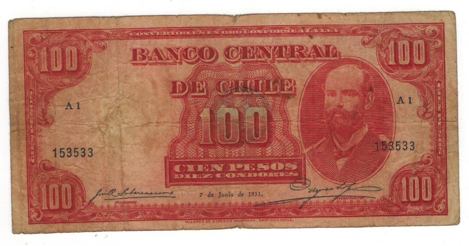 Chile 100 Pesos / 10 Condores, 1933, G/F Dirt. Rare. - Chile