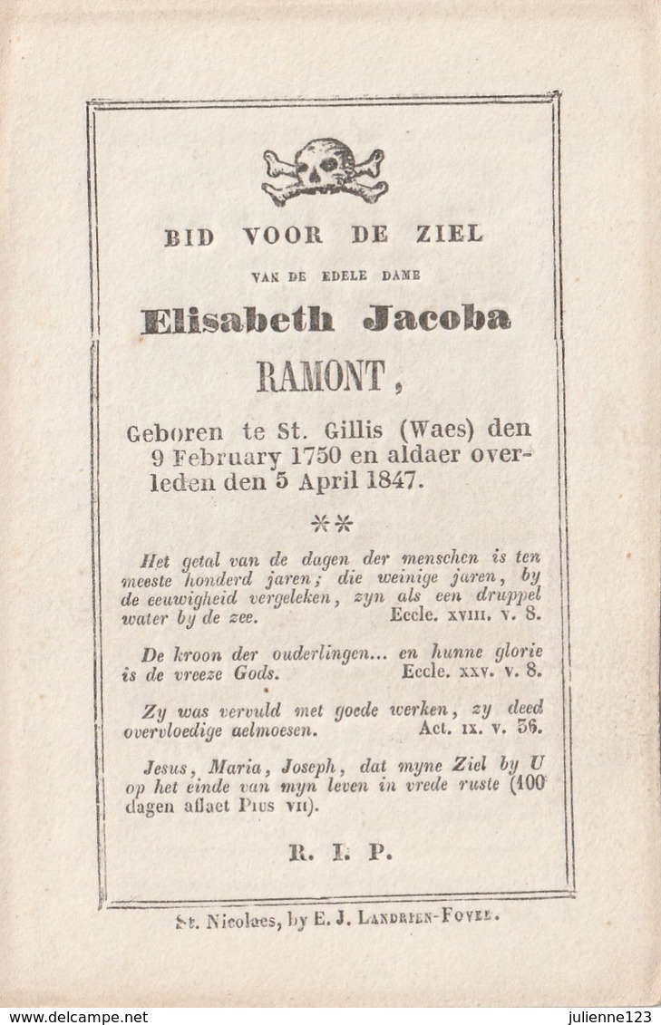 GEBOREN TE ST.GILLIS(WAES) 1750+1847 ELISABETH JACOBA. - Religion & Esotérisme