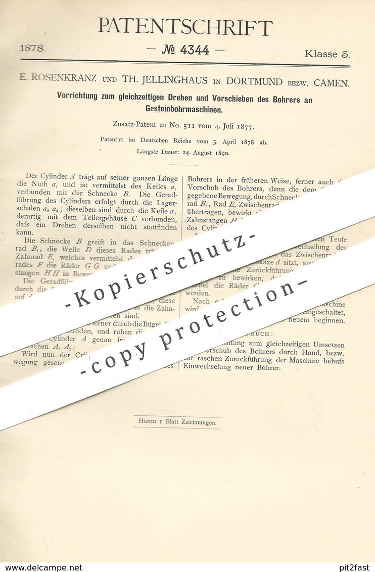 Original Patent - E. Rosenkranz , Th. Jellinghaus , Dortmund / Camen , 1878 , Gestein - Bohrmaschine | Bohrer , Bohren ! - Documents Historiques