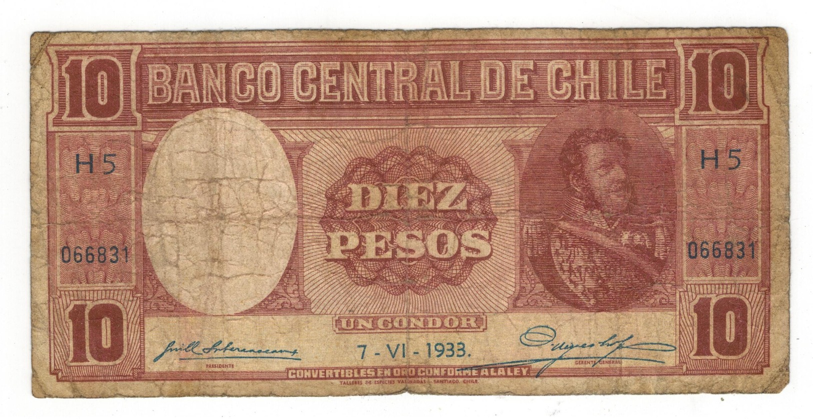 Chile 10 Pesos / 1 Condor, 1933, G, Dirt. Rare. - Chile