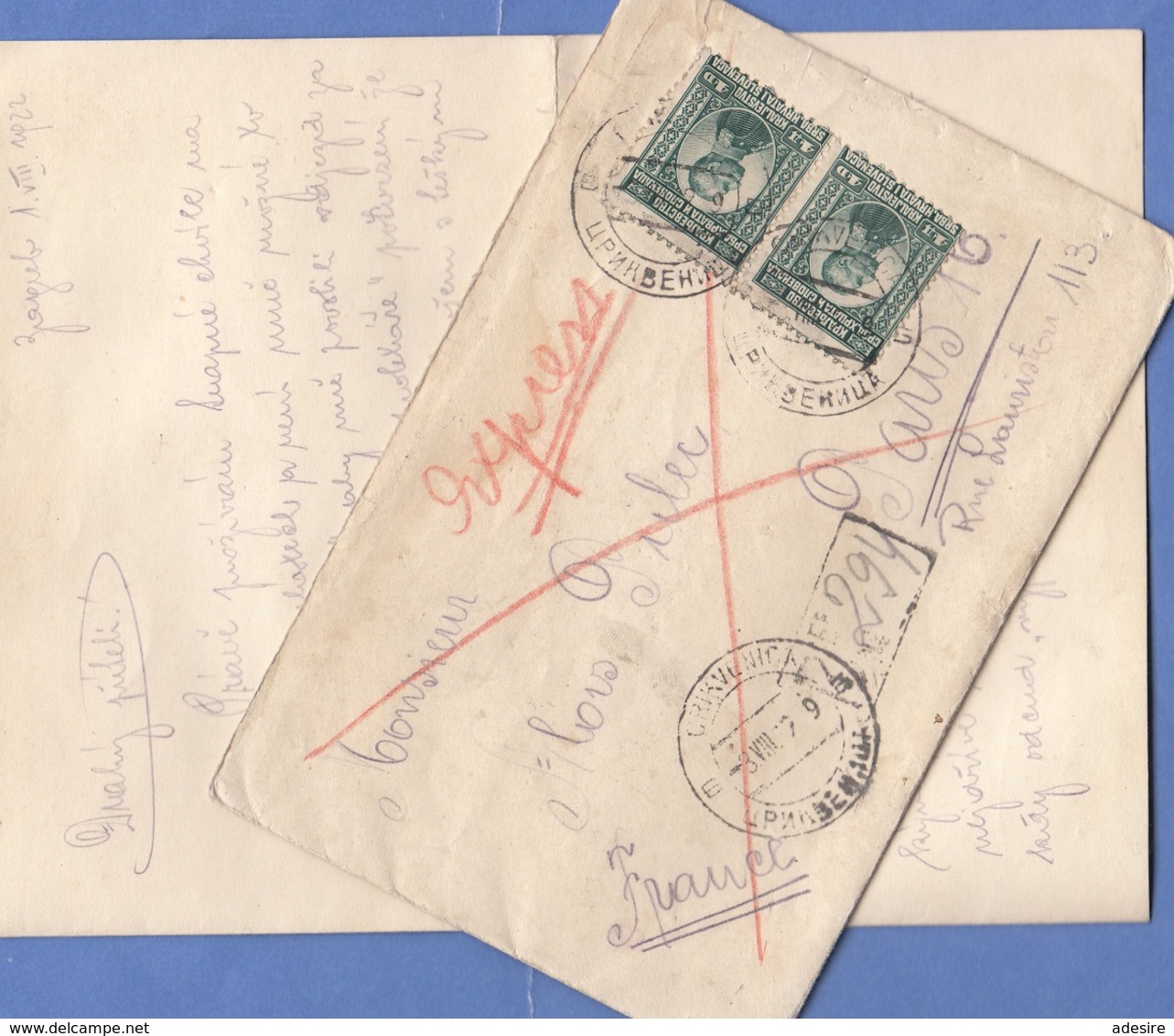 SERBIEN,BOSNIEN,SLOWENIEN 1922 - 2 X 4 D Auf EXPRESS-Brief Mit Inhalt Gel.v. > Paris - Briefe U. Dokumente