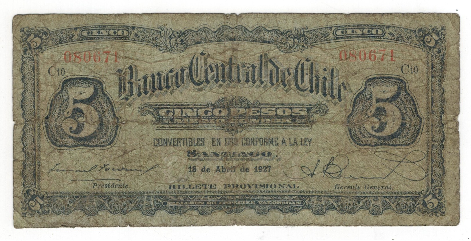 Chile 5 Pesos/  1/2  Condor, 1927, G, Dirt. Rare. - Chile