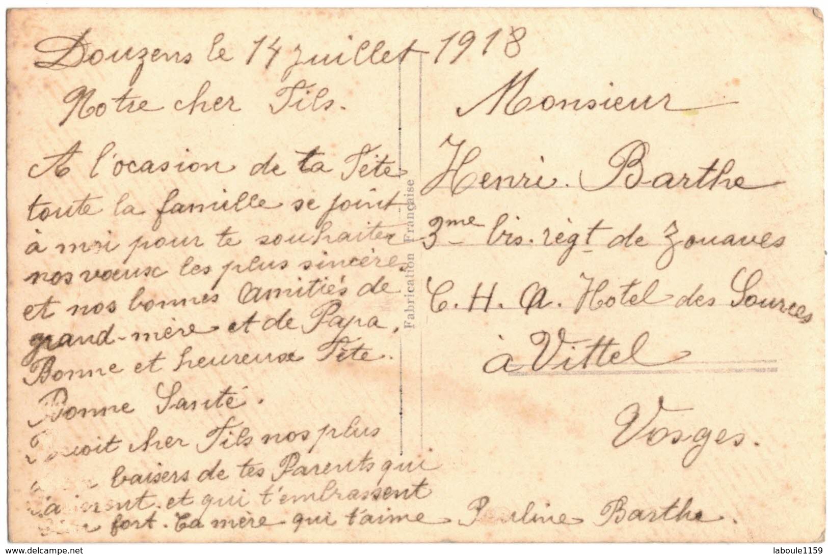 MILITARIA GUERRE 14/18 COUPLE : LE LANGAGE DU TIMBRE SEMEUSE - Circulé DOUZENS AUDE Vers VITTEL VOSGES - Timbres (représentations)