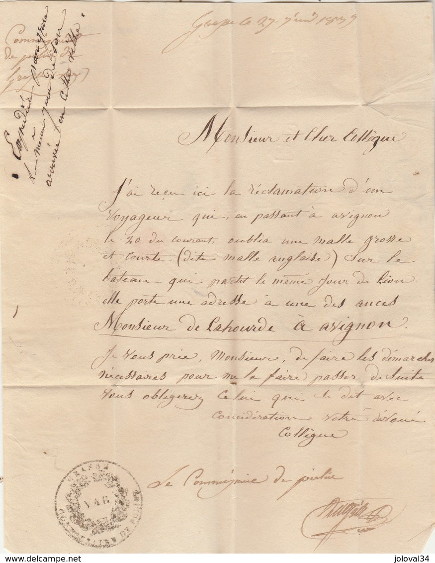 Lettre De Commissariat De GRASSE ( Cachet ) Var 27/6/1835 PP Port Payé Pour Maire D' Avignon Vaucluse - 1801-1848: Precursors XIX