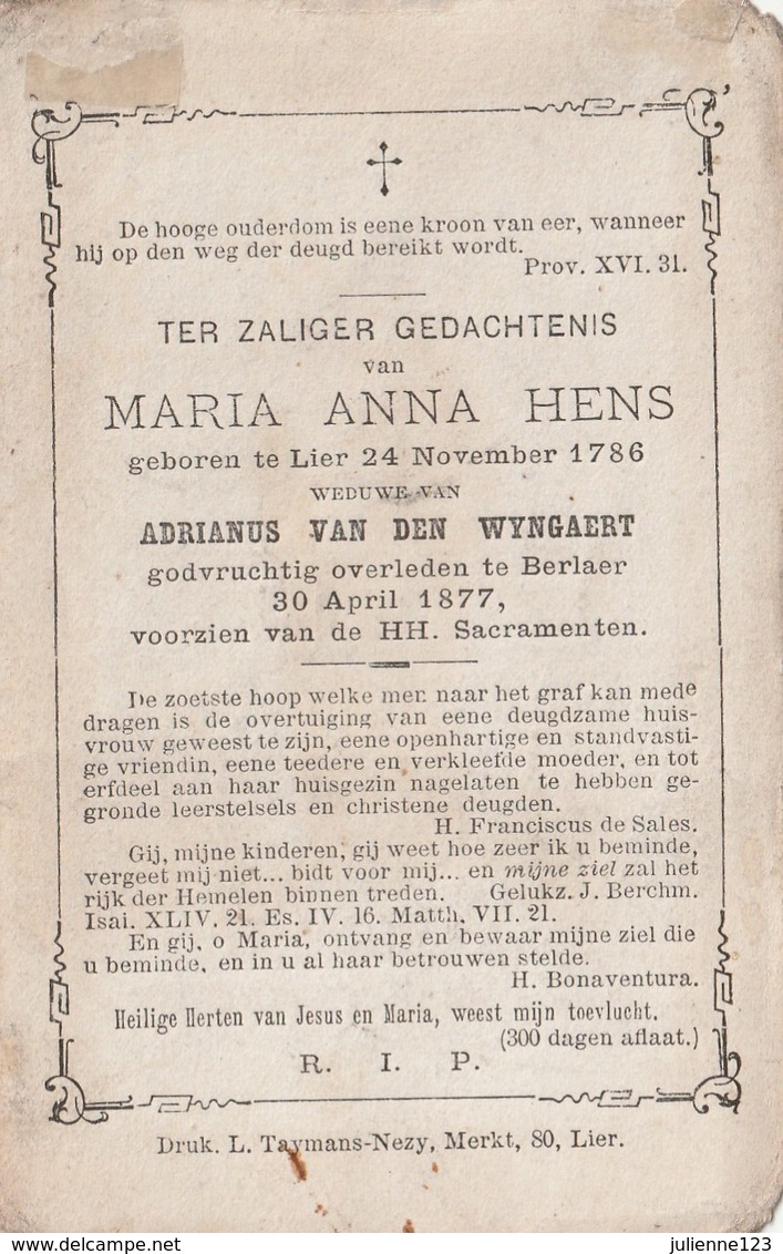 GEBOREN TE LIER 1786+1877 MARIA ANNA HENS. - Religion & Esotérisme