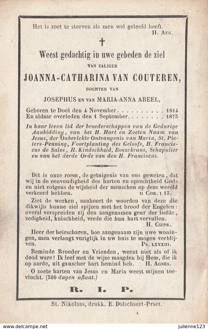GEBOREN TE DOEL 1814+1875 JOANNA-CATHARINA VAN COUTEREN. - Religion & Esotérisme