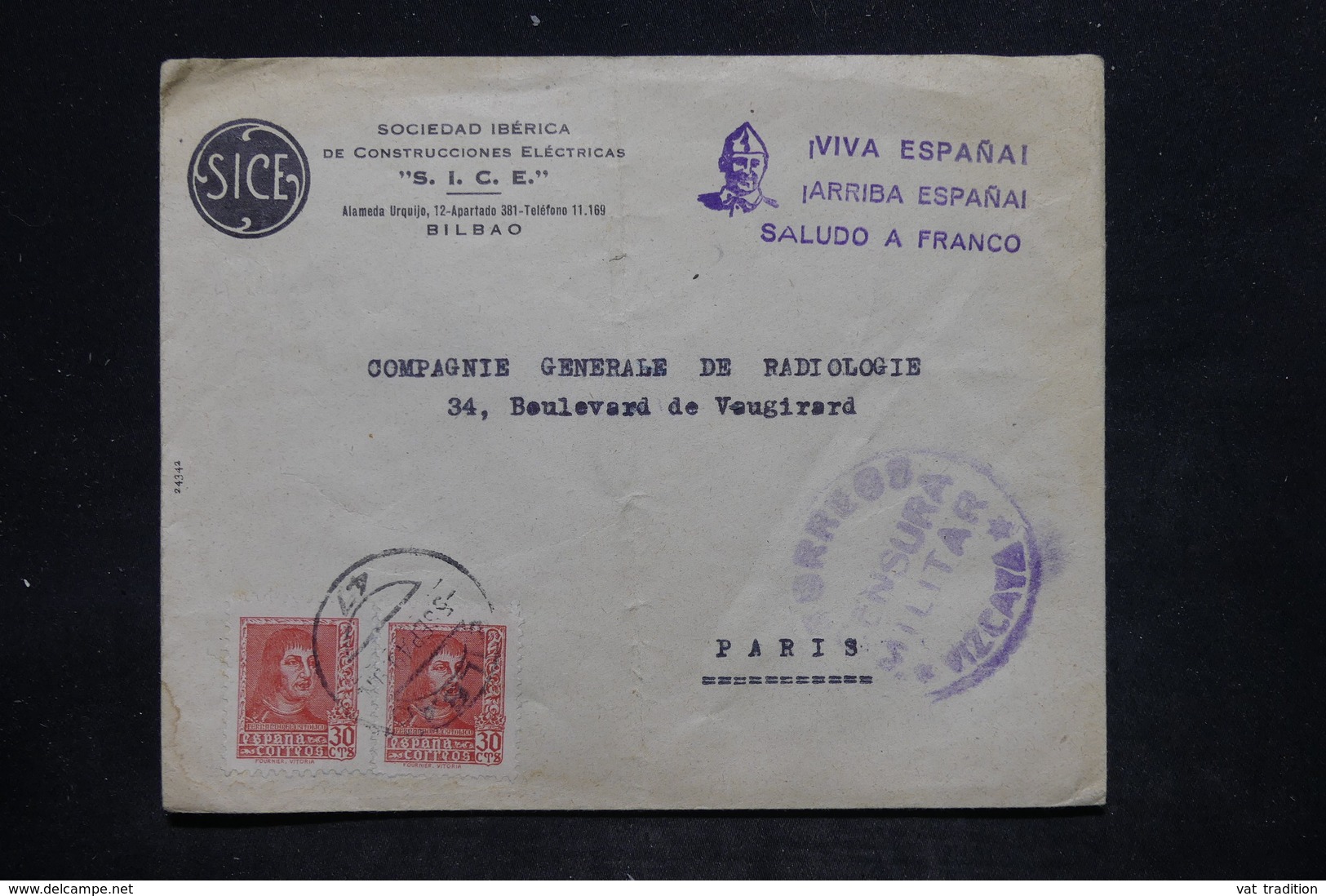 ESPAGNE - Enveloppe Commerciale De Bilbao Pour La France Avec Censure Militaire Et Cachet Saludo A Franco - L 25687 - Nationalists Censor Marks