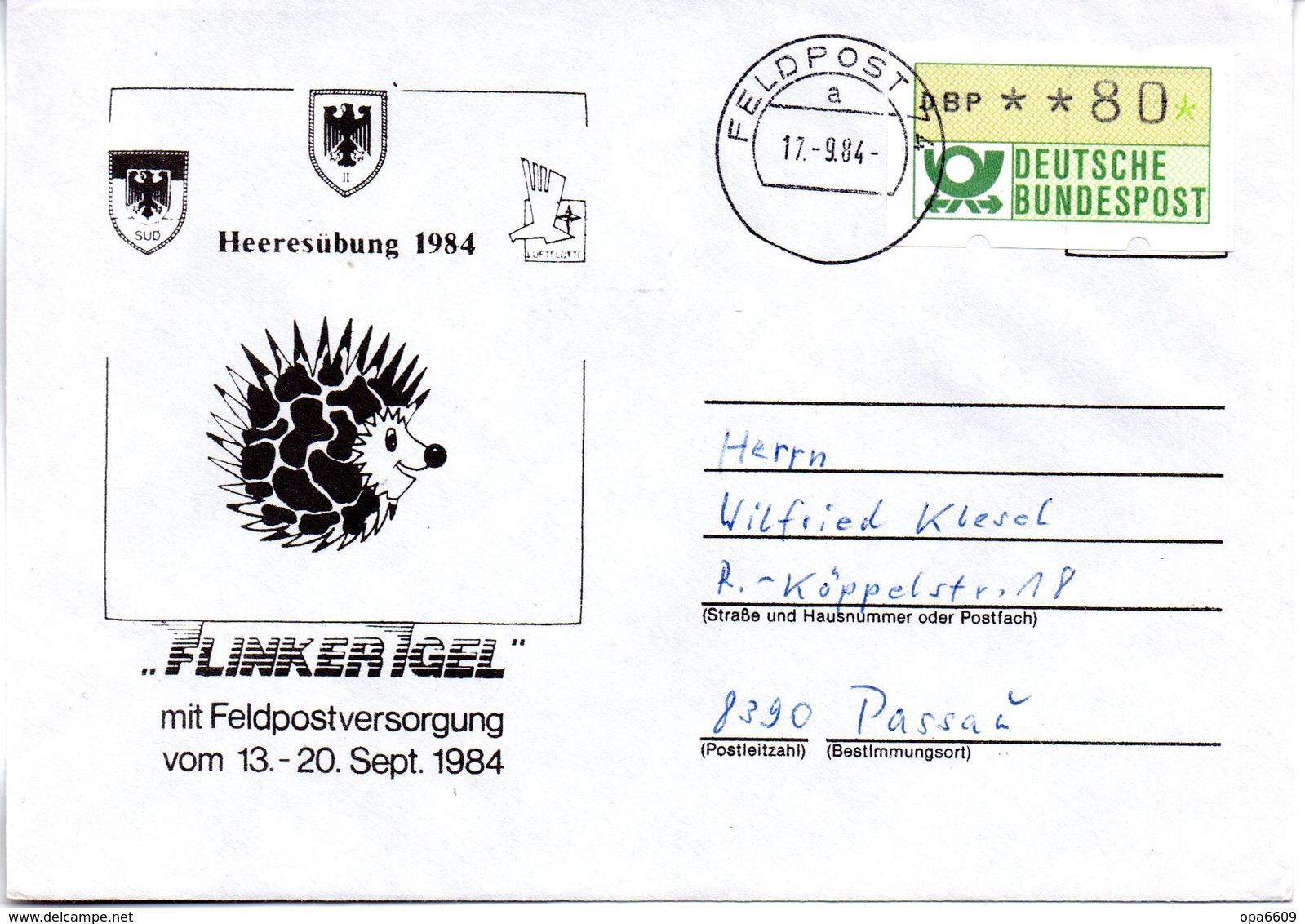 (BWFP1) BRD-Bundeswehr, Feldpost-Sonder-Umschlag "Heeresübung 1984 - FLINKER IGEL" 17.9.1984 Poststelle 74a, Brief 1984 - Lettres & Documents