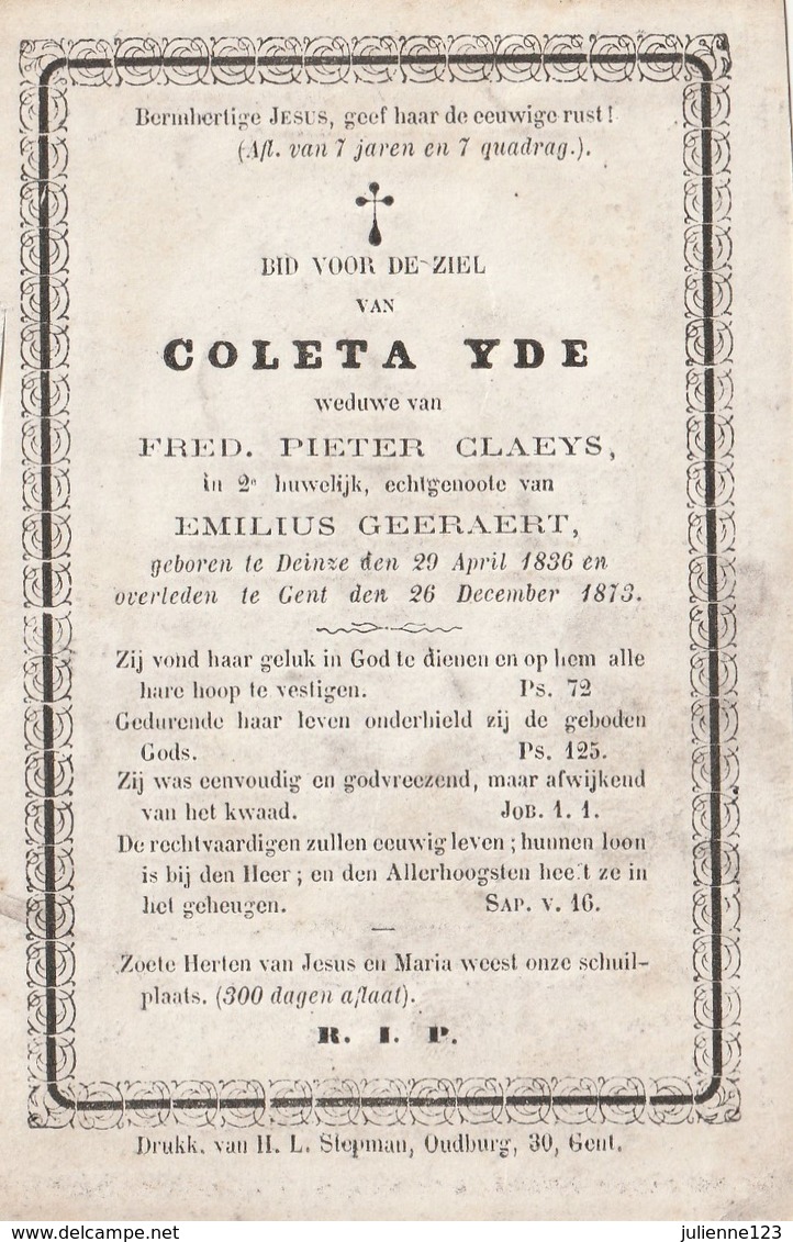 GEBOREN TE DEINZE 1836+1873 COLETA YDE. - Religion & Esotérisme