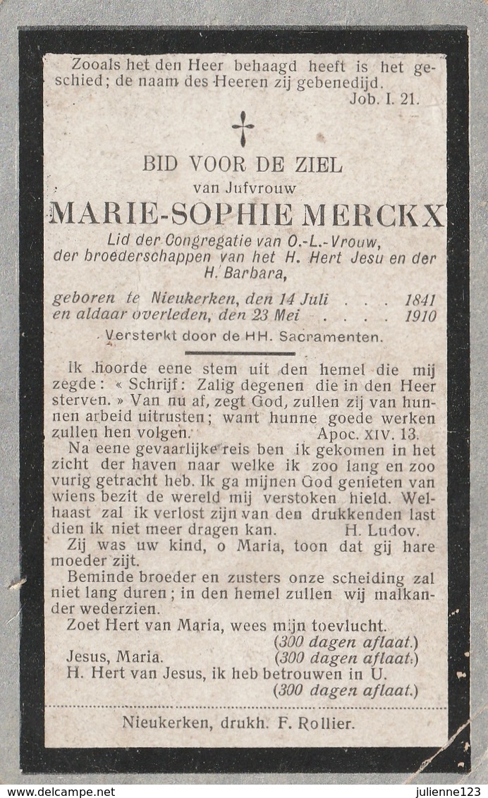 GEBOREN TE NIEUKERKEN 1841+1910 MARIE SOPHIE MERCKX. - Religion & Esotérisme