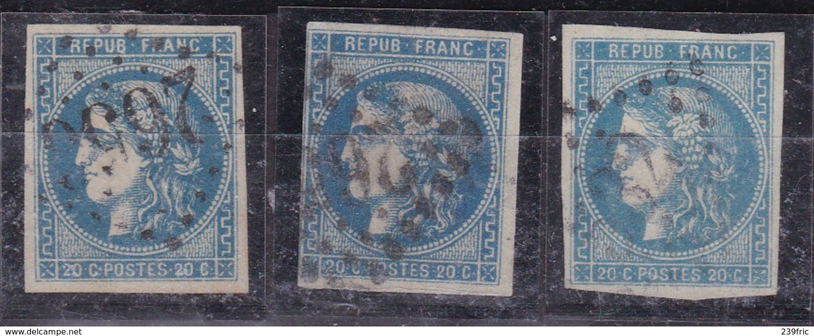 BORDEAUX CERES 20c BLEU YT45Bx3 OBLITERES  COTE 270E - 1870 Bordeaux Printing