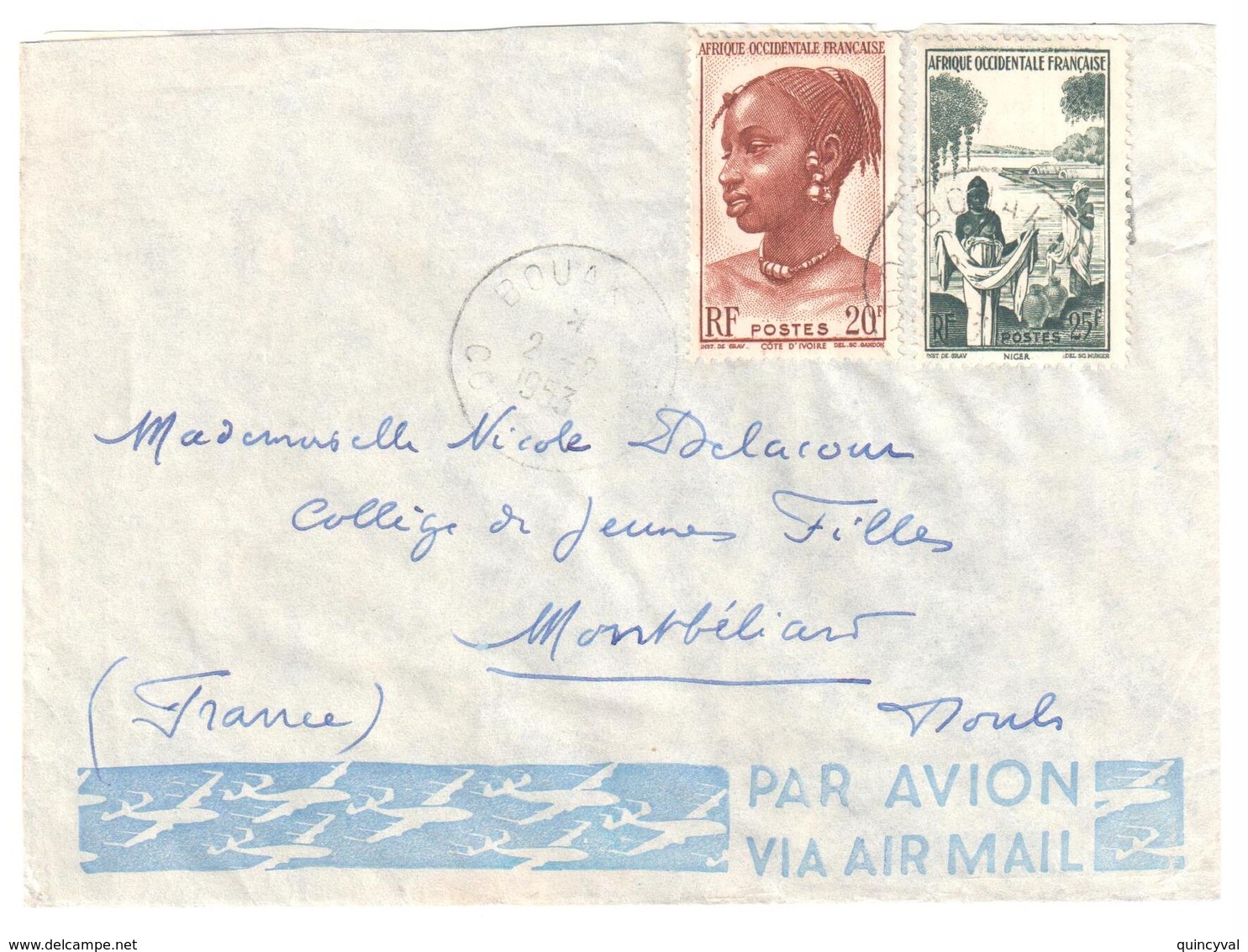 BOUAKE Côte D'Ivoire Lettre Timbre AOF 20F Fille Peuhl 25F Lavandière Yv 41 42 Ob 1953 - Brieven En Documenten