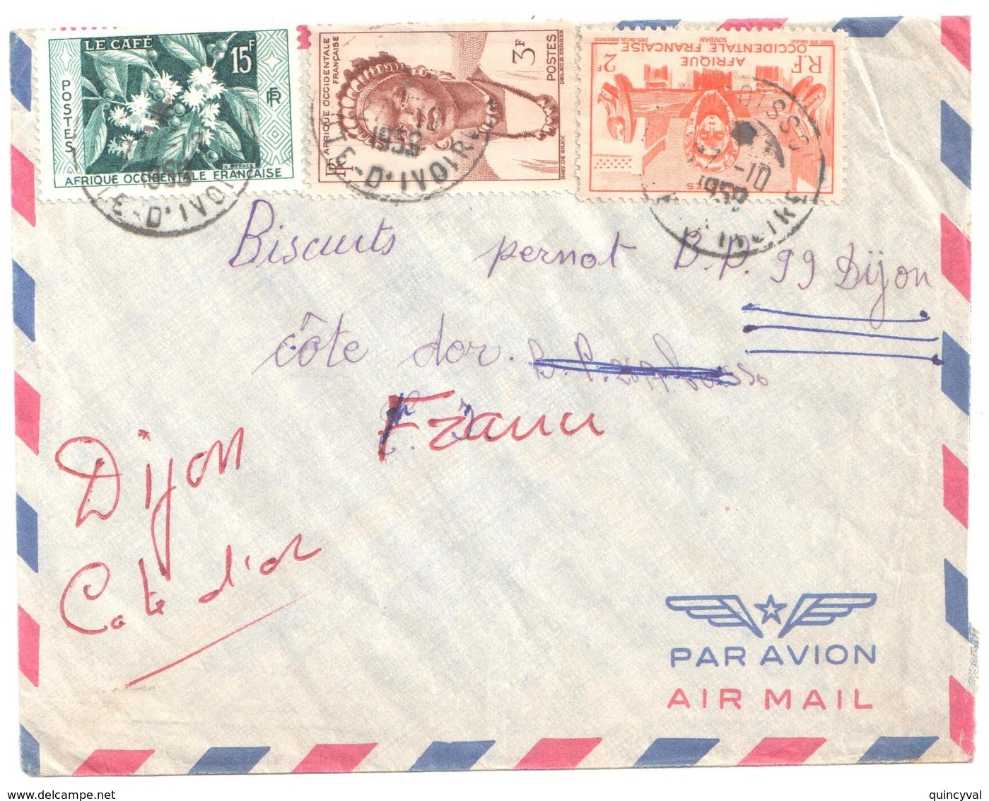 ABOISSO Côte D'Ivoire Lettre Timbre AOF 3F Jeune Femme 2F Fontaine Indigéne 15F Café Yv 62 33 34 Ob 1959 - Storia Postale