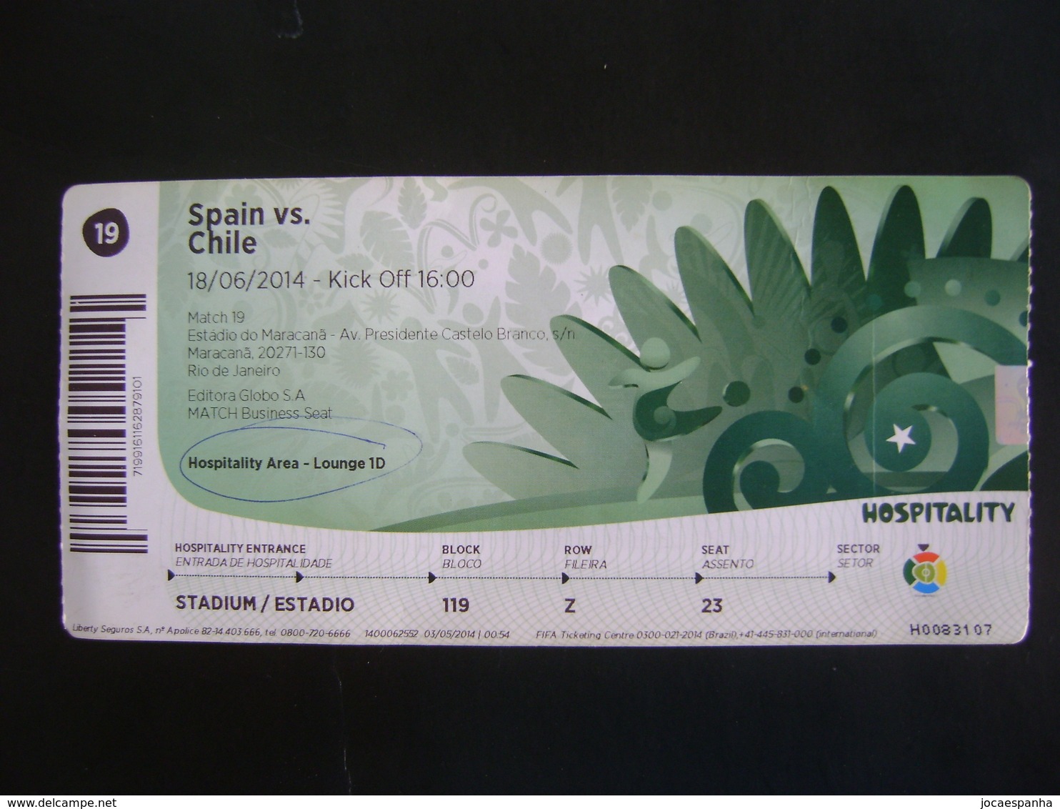 BRAZIL 2014 - TICKET NUMBER 19 "SPAIN X CHILE" ON 18/06/2014 IN THE STATE - Biglietti D'ingresso