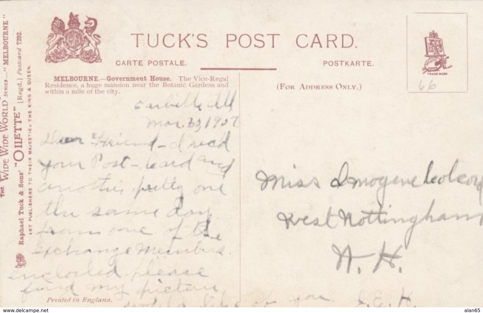 Melbourne VIC Australia, Fullwood Artist Signed Government House, C1900s Vintage Tuck #7292 Postcard - Melbourne