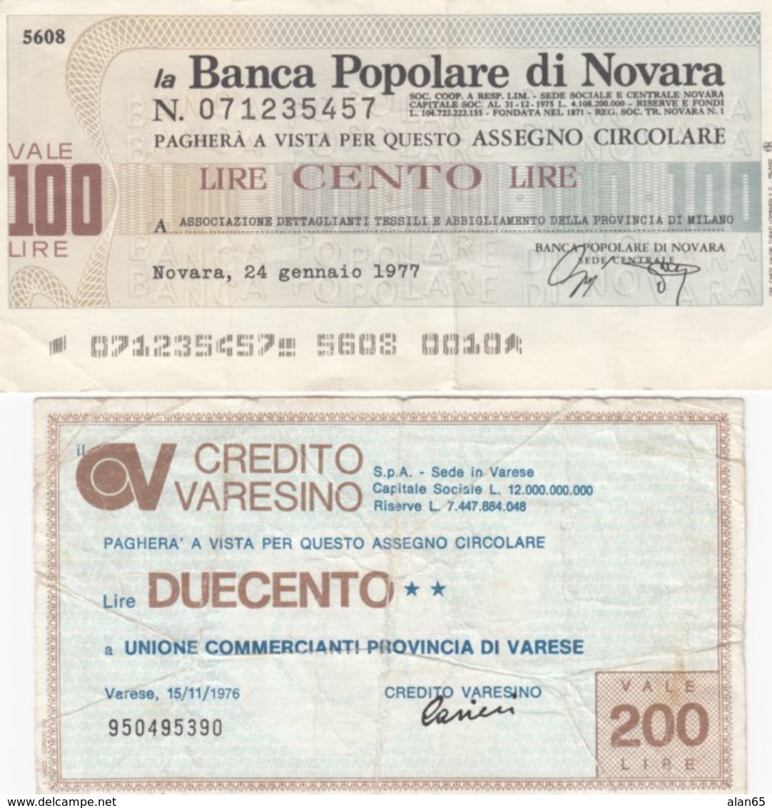 Lot Of 2 Italy 'Mini Checks' 1000- And 200-Lire Notes, Banca Popolare Di Novara & Credito Varesino 1970s Issues - [10] Checks And Mini-checks