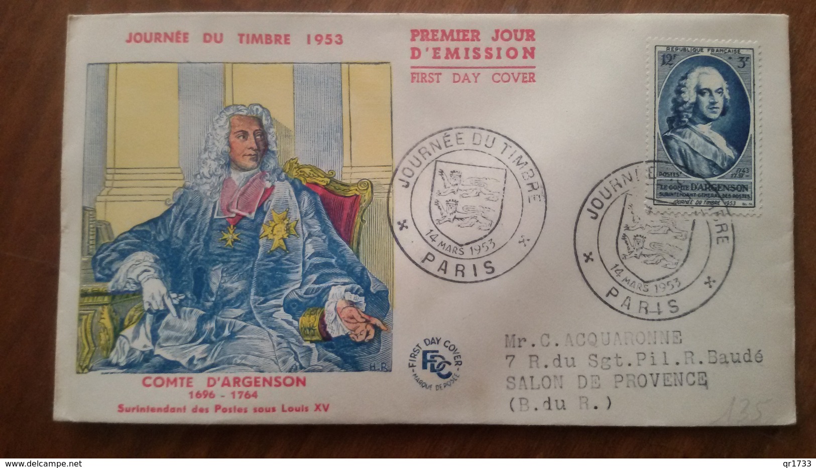 Premier Jour  FDC..   COMTE D' ARGENSON   1953 ..PARIS - Ohne Zuordnung