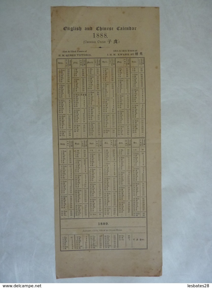 ALMANACH  CALENDRIER 1888  Recto Verso English And Chinese Calendar  51st & 52nd Years Of H.M QUEEN VICTORIA  Chem 3-32 - Big : ...-1900