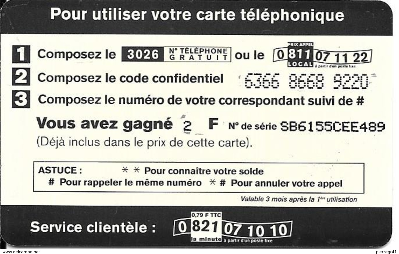 CARTE-PREPAYEE-50F-ASTUCE -GAGNE  2 F -ROSE-NOIR- CODE 4N°x3 -V° Bas Bande NOIRE-GRATTE-TBE- - Autres & Non Classés