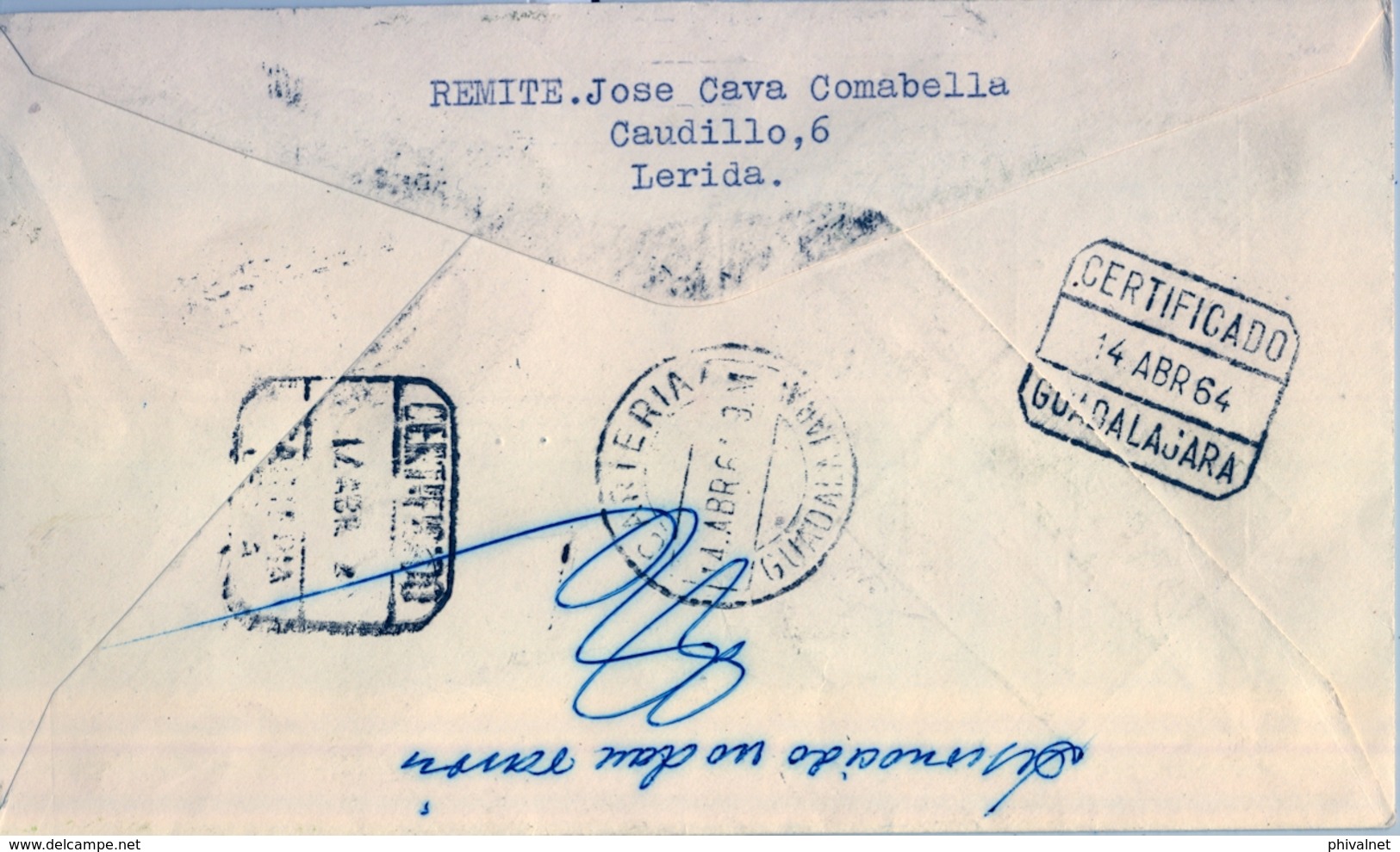 1964 , CERTIFICADO CIRCULADO A GUADALAJARA , DEVUELTO POR DESCONOCIDO , CARTERIA - Storia Postale