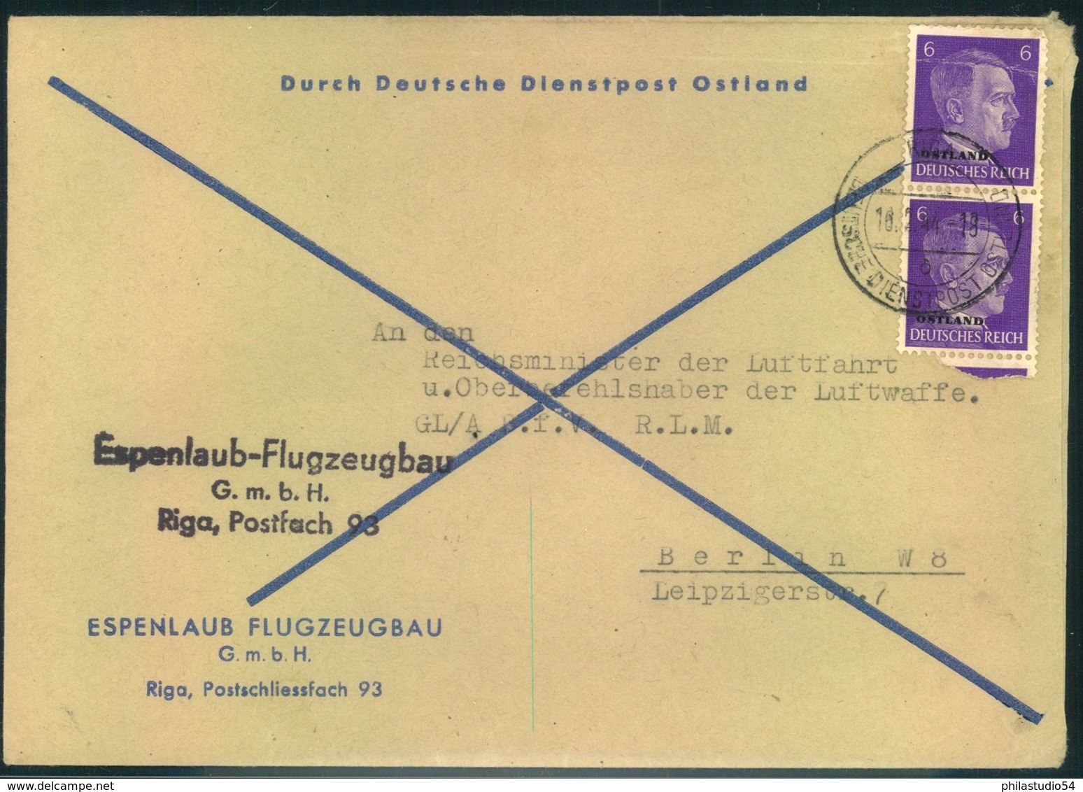 1944, "Durch Deutsche Dienstpost Ostland" Abs. "Espenlaub Flugzeugbau" RIGA An Reichsluftfahrtministerium - Besetzungen 1938-45