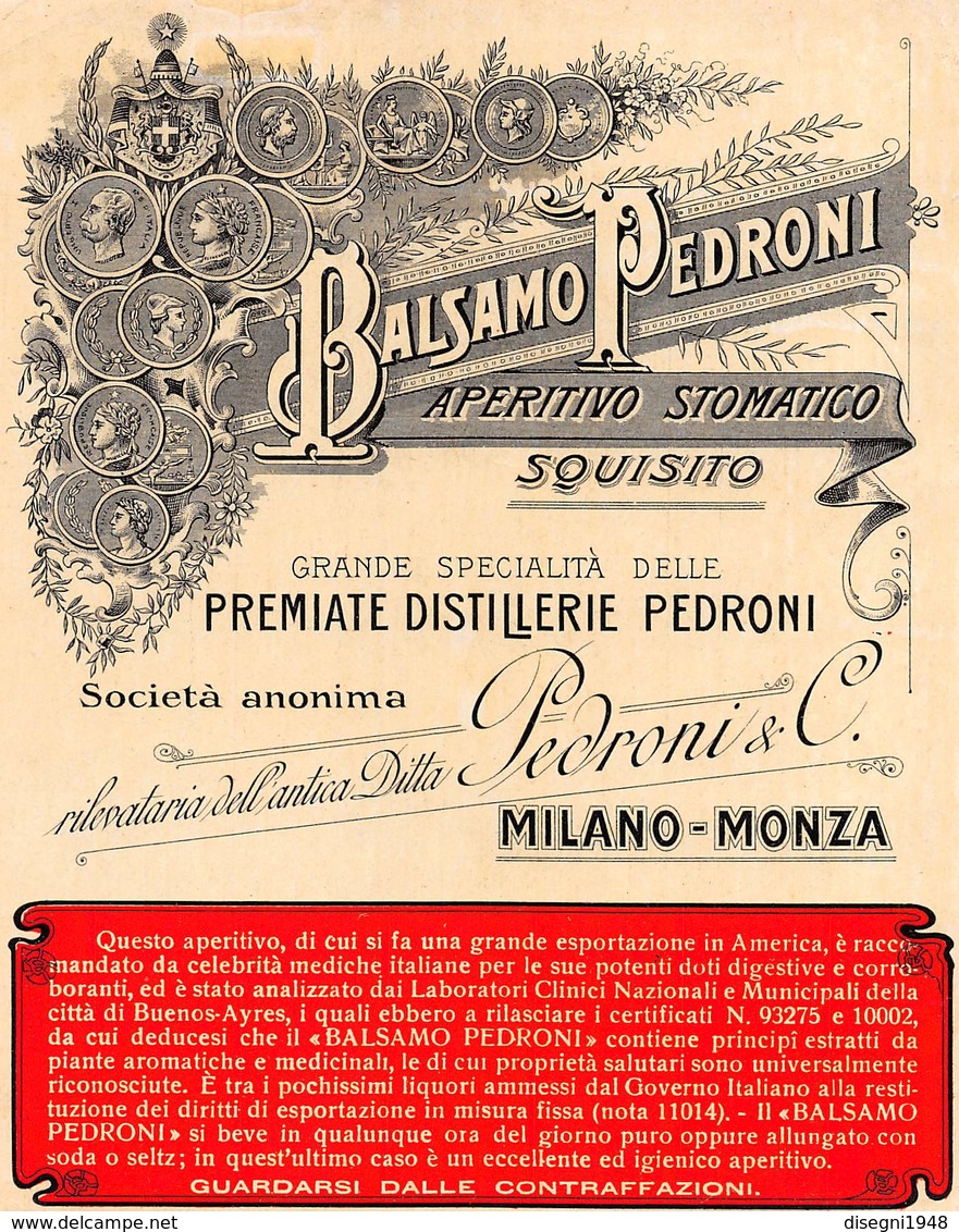 07768 "BALSAMO PEDRONI - APERITIVO STOMATICO - SQUISITO - PREMIATE DISTILLERIE PEDRONI - MILANO MONZA" ETICH. ORIG. - Altri & Non Classificati