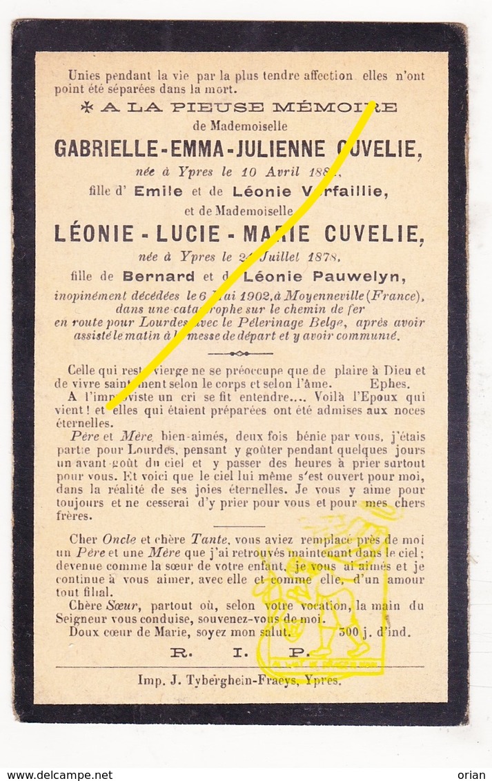 DP Im. Mort. 2p Déraillement De Moyenneville FR 1902 Pèlerinage à Lourdes / G & L Cuvelie ° Ieper / Verfaillie Pauwelyn - Images Religieuses