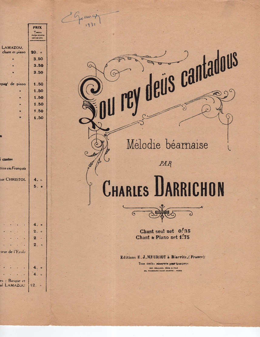 CAF CONC FOLKLORE PARTITION POPULAIRE LOU REY DEÜS CANTADOUS PATOIS DARRICHON /occitan/basque MEURIOT BIARRITZ 1931 - Autres & Non Classés