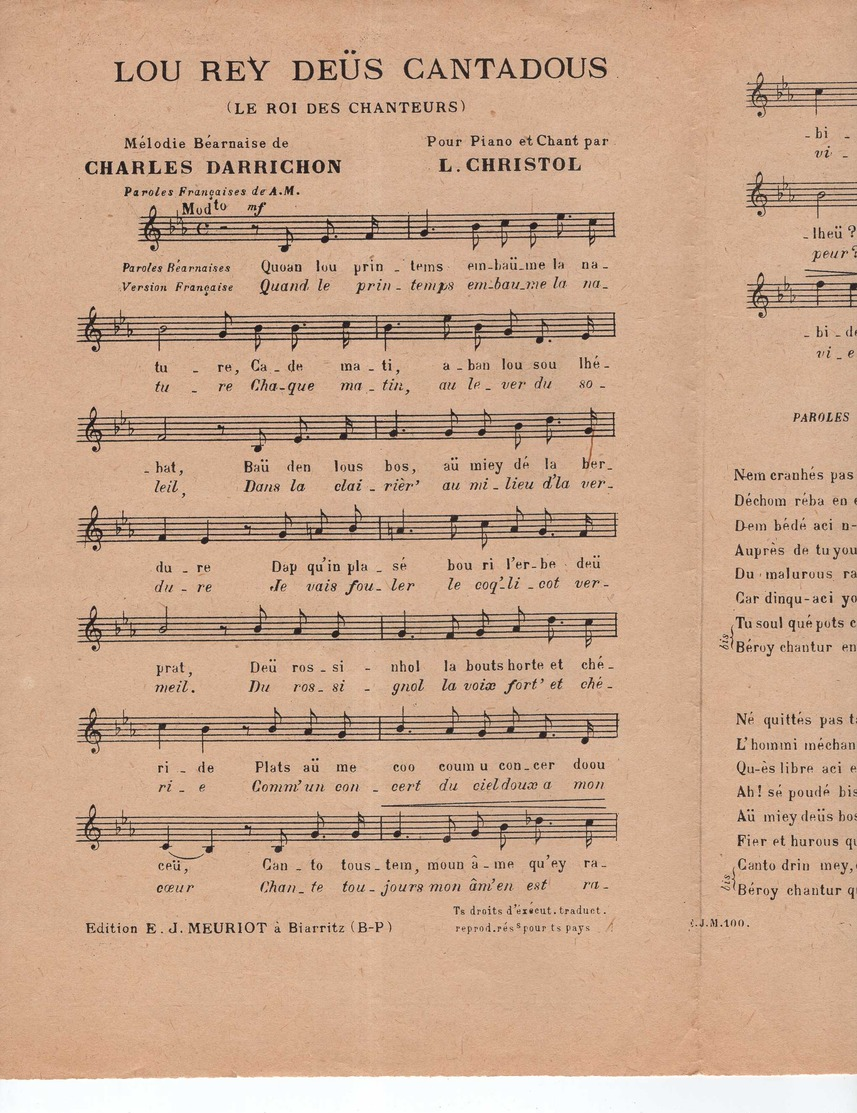 CAF CONC FOLKLORE PARTITION POPULAIRE LOU REY DEÜS CANTADOUS PATOIS DARRICHON /occitan/basque MEURIOT BIARRITZ 1931 - Autres & Non Classés