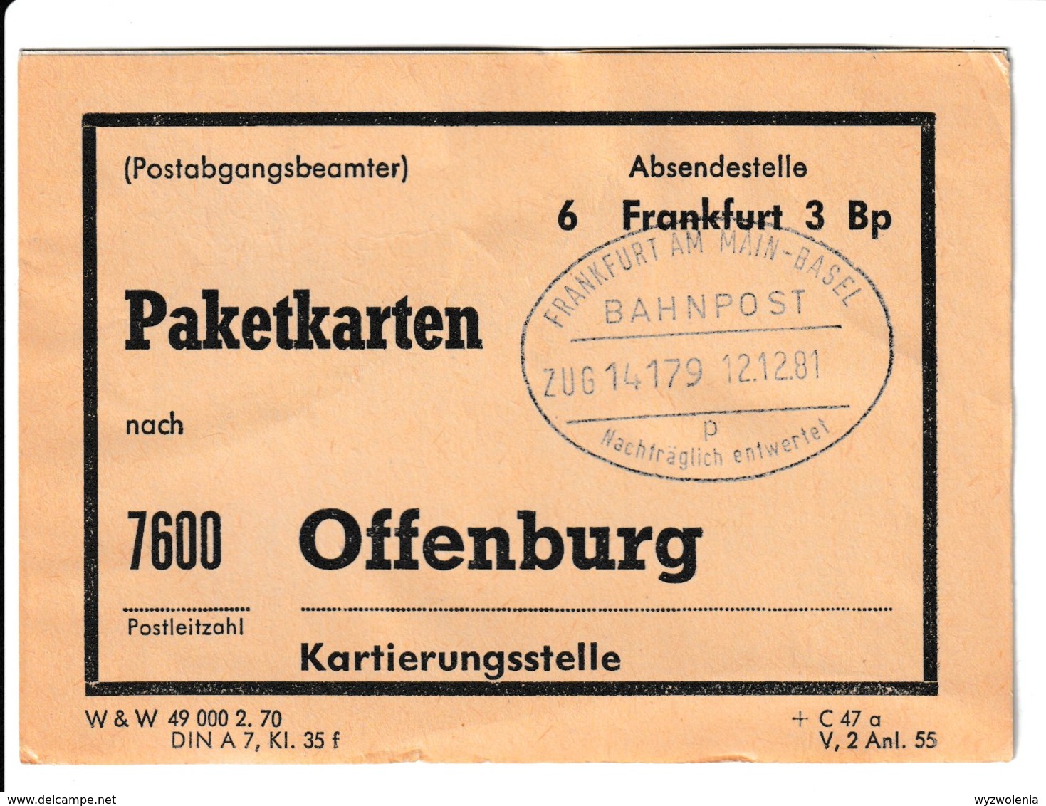 H 169) BRD Bahnpost Frankfurt Am Main - Basel Zug 14179 12.12.81 Stempel 'Nachträglich Entwertet' Paketkarten Offenburg - Briefe U. Dokumente