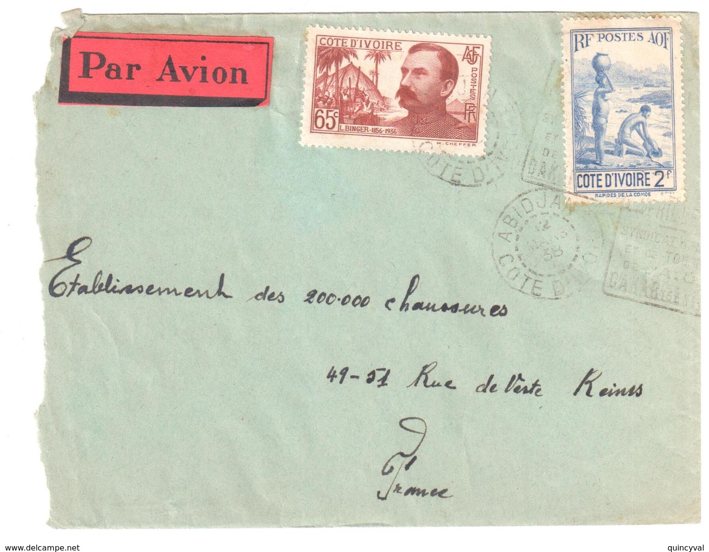 ABIDJAN Côte D'Ivoire Lettre Etiquette Par Avion 65c Binger 2 F Rapide 65c Binger Yv 139 128 Ob Daguin Flamme 1938 - Lettres & Documents