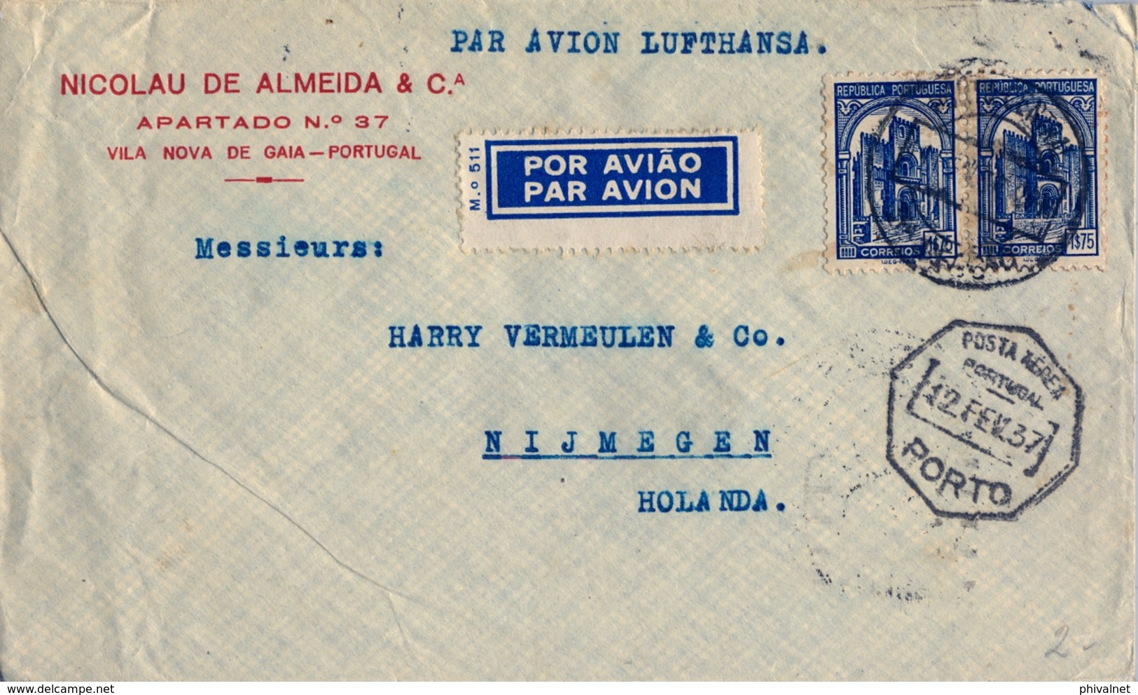 1937 PORTUGAL , OPORTO - NIJMEGEN , CORREO AÉREO VIA LUFTHANSA , TRÁNSITOS DE LISBOA Y PARIS - Cartas & Documentos