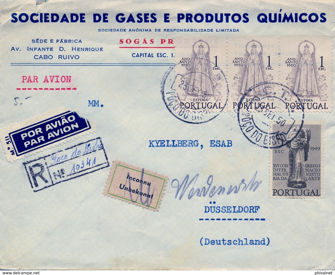 1950 PORTUGAL , POÇO DO BISPO - DÜSSELDORF , CERTIFICADO POR VIA AÉREA , TRÁNSITO LISBOA , LLEGADA , DESCONOCIDO - Cartas & Documentos