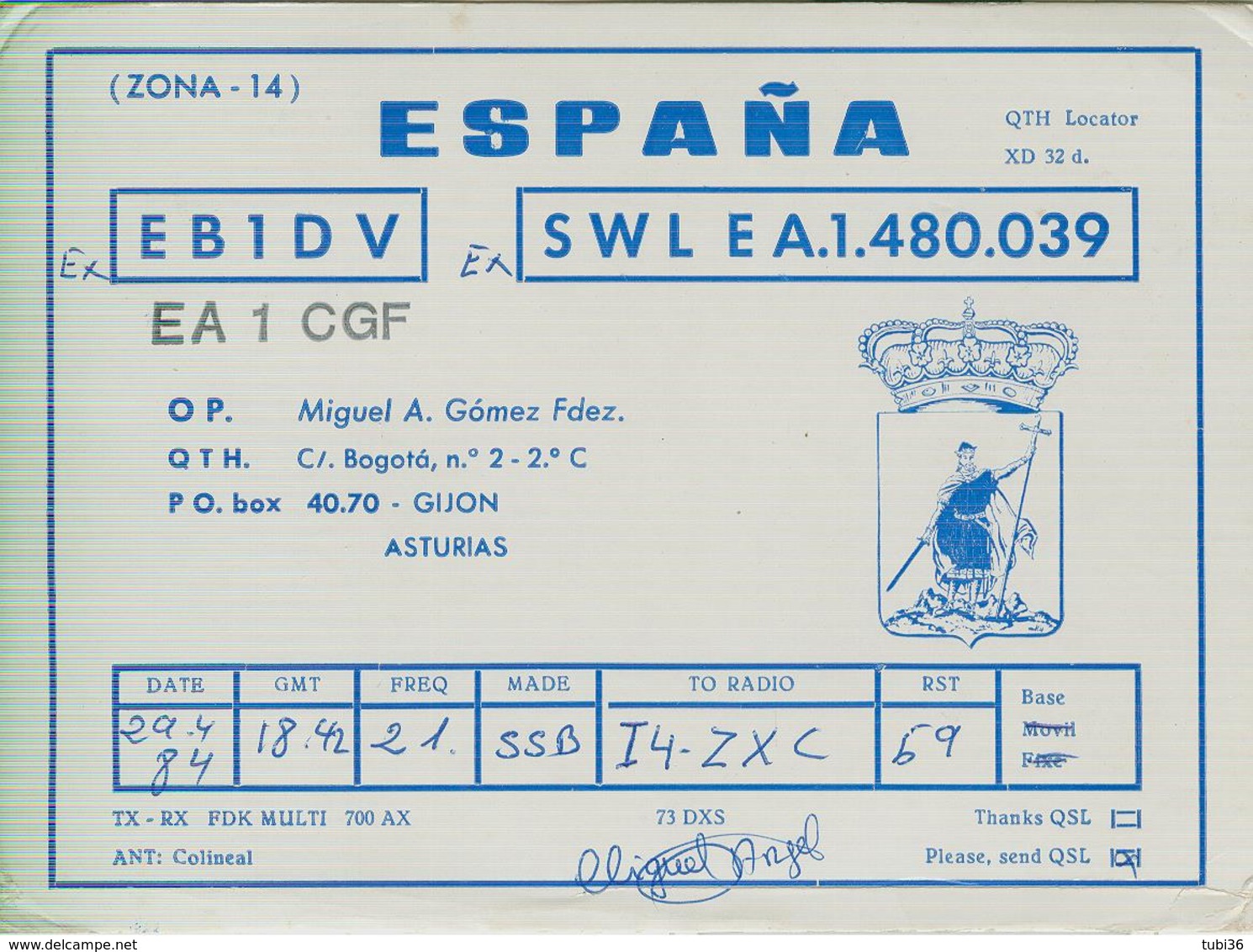 SPAGNA - Gijón - RADIO AMATORIALE- 29 APRILE 1984 - - Radio Amatoriale