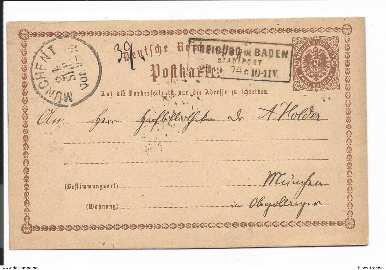 DR P 2 - 2 Kr Adler M. Kasten-Stpl. Freiburg In Baden Stadtpost 1874  Nach München  Bedarfsverwendet - Autres & Non Classés