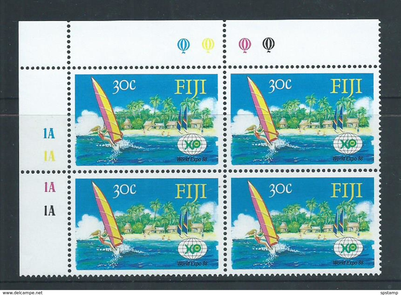 Fiji 1988 30c World Expo Year Marginal Block Of 4 With Plate Numbers MNH - Fiji (1970-...)