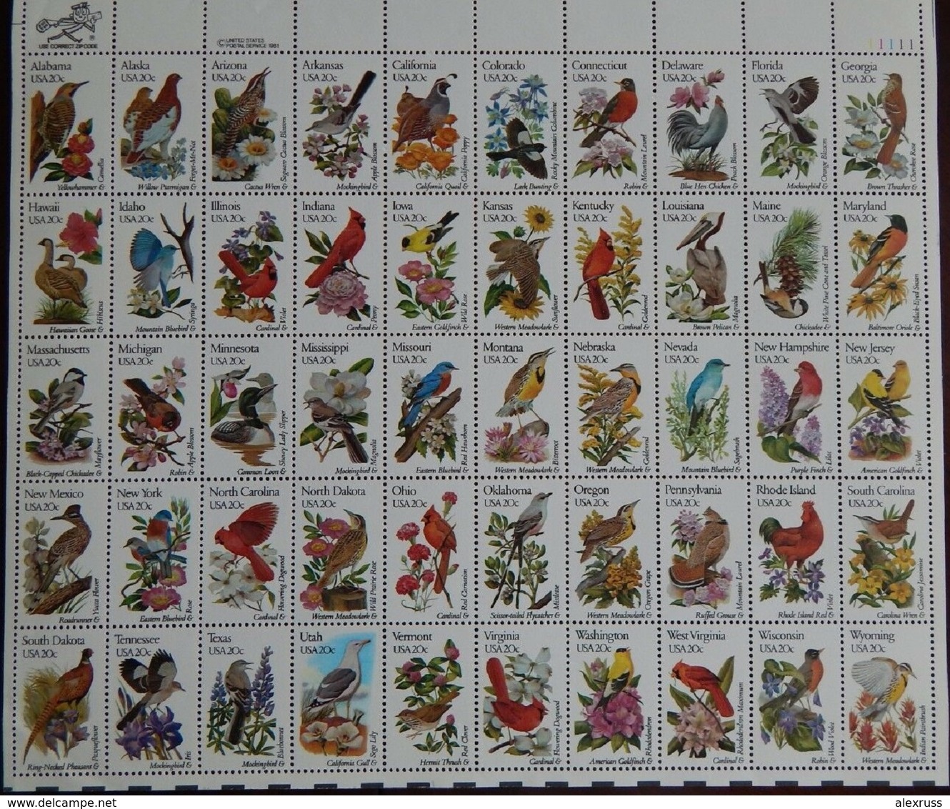 US 1982 Large Sheet,State Birds & Flowers 50 Stamps 20¢ Scott # 1953-2002,VF MNH** - Feuilles Complètes