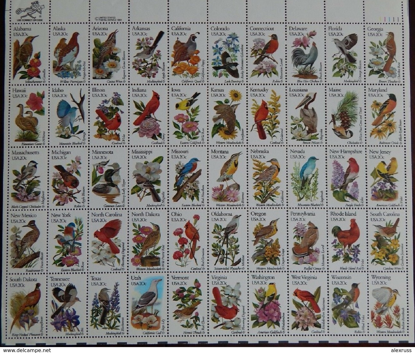 US 1982 Large Sheet,State Birds & Flowers 50 Stamps 20¢ Scott # 1953-2002,VF MNH** - Ganze Bögen