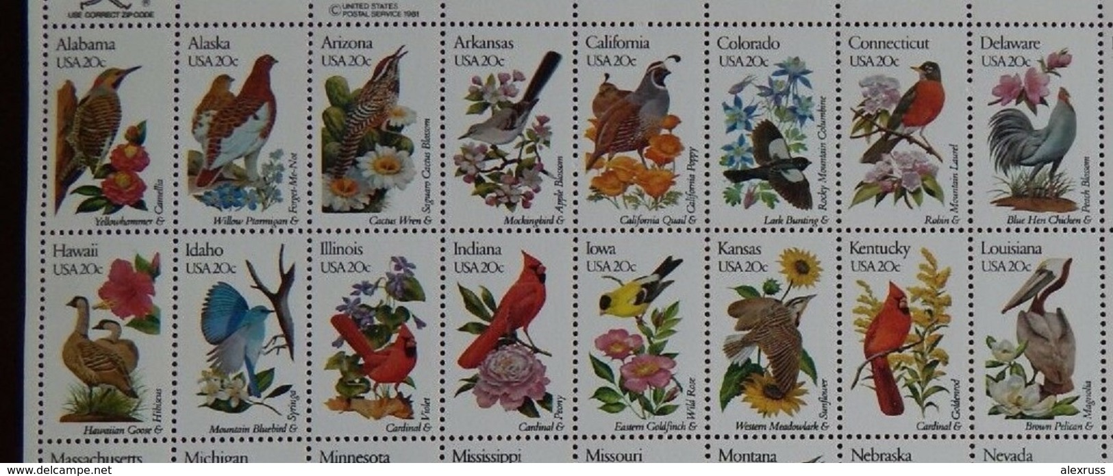 US 1982 Large Sheet,State Birds & Flowers 50 Stamps 20¢ Scott # 1953-2002,VF MNH** - Hojas Completas