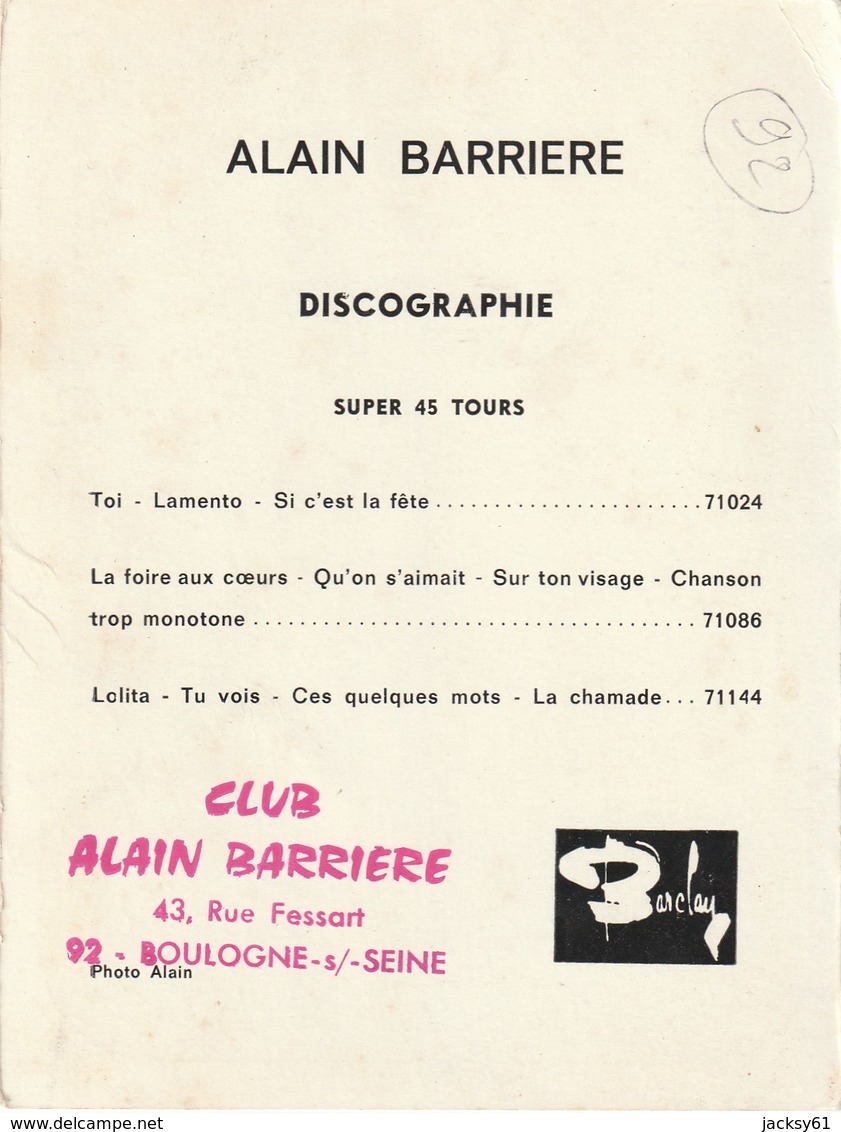 Alain Barriere  - Club Boulogne S/ - Seine - Artistes
