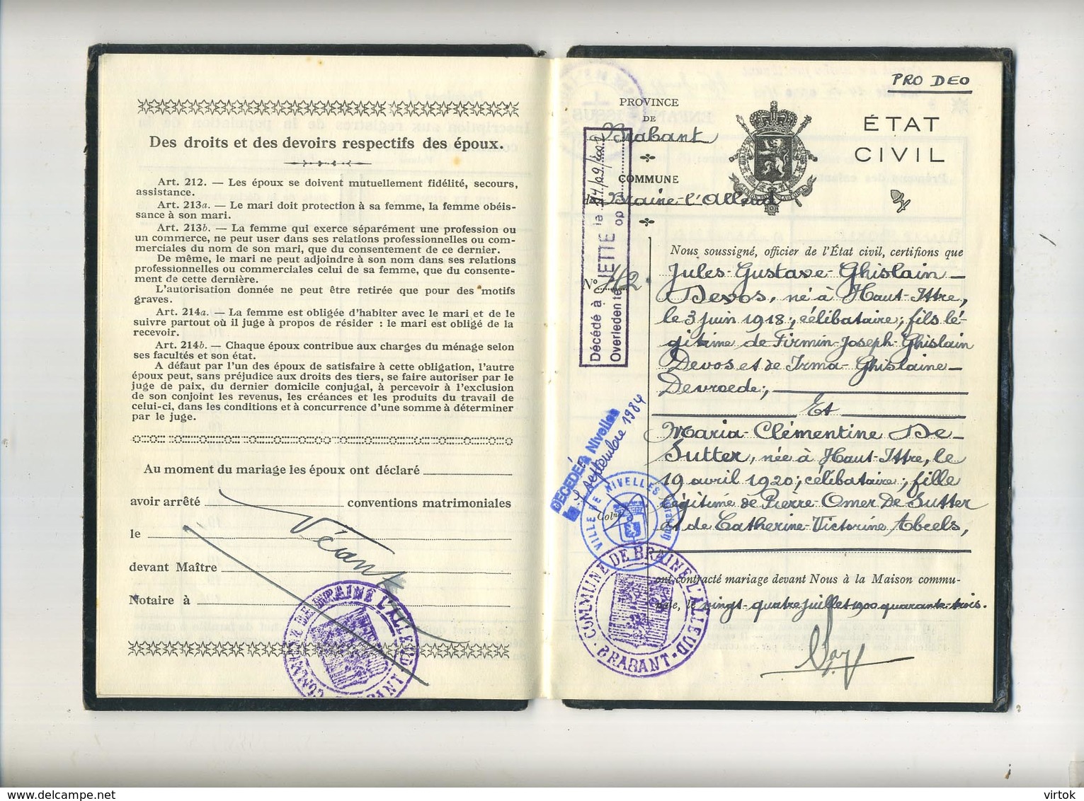 Braine L'Alleud   :  Carnet De Mariage  :  2 Scans - Non Classés