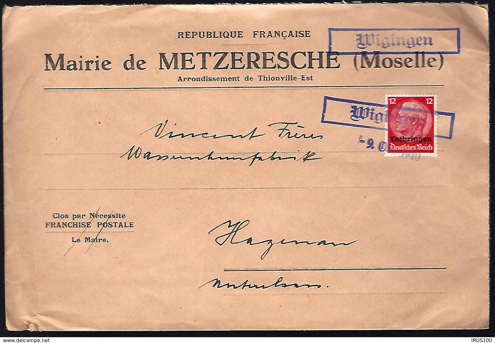 LETTRE VENANT DE WIGINGEN - VIGY - LOTHRINGEN - 1940 - - Occupation 1938-45